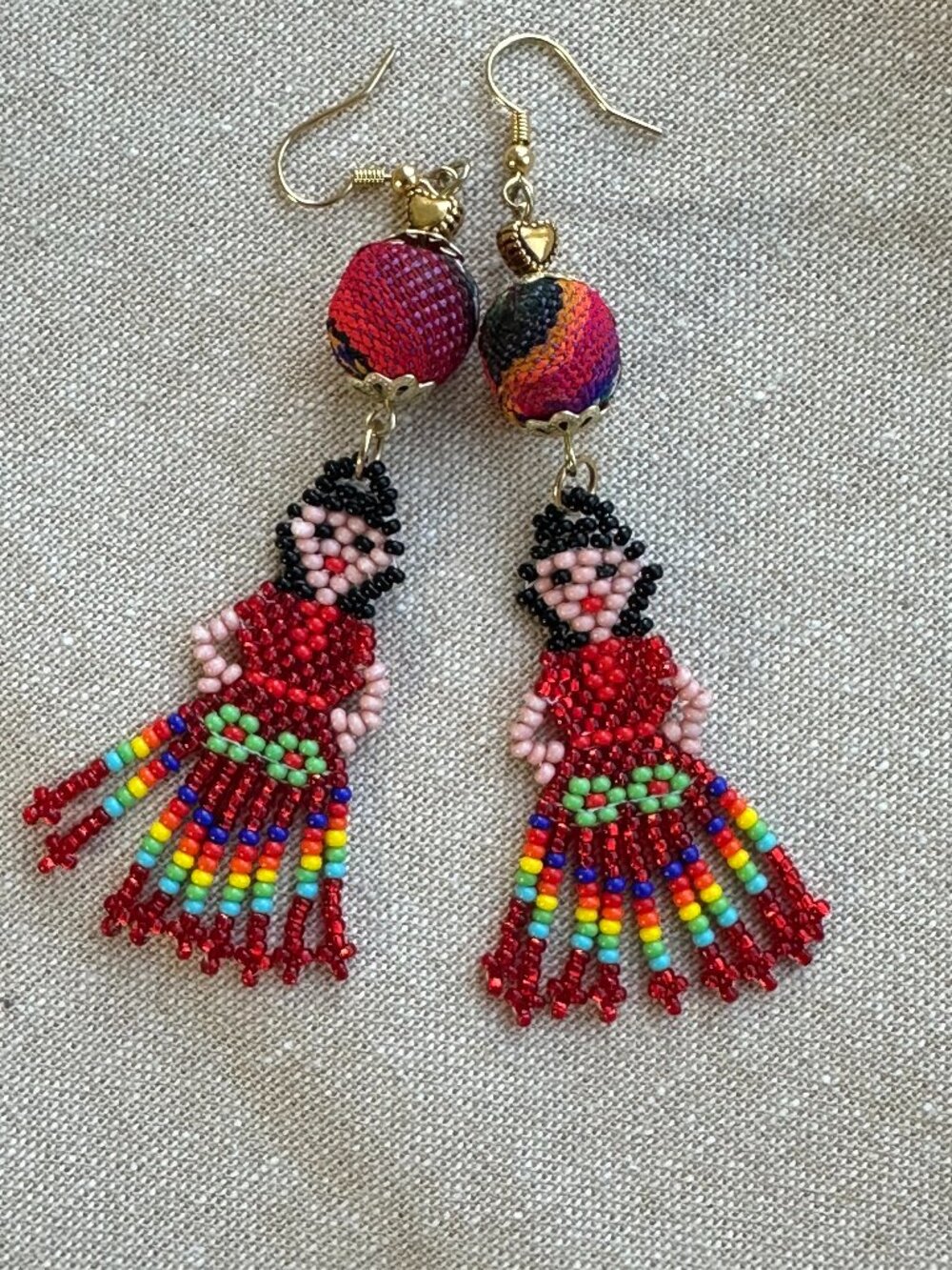 Beaded Doll Statement Dangle Earrings Multicolor Folk Art Boho Handmade Style